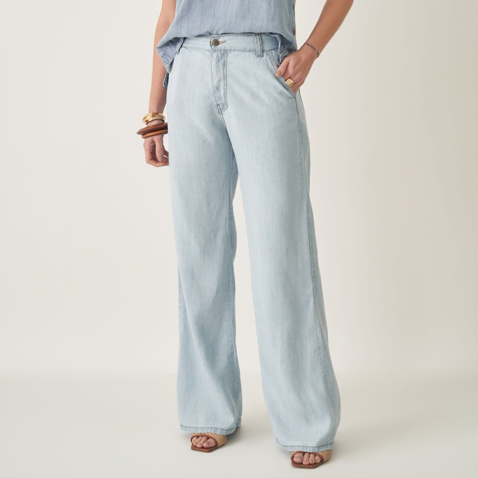Calça Tencel Pantalona Wide Delavê