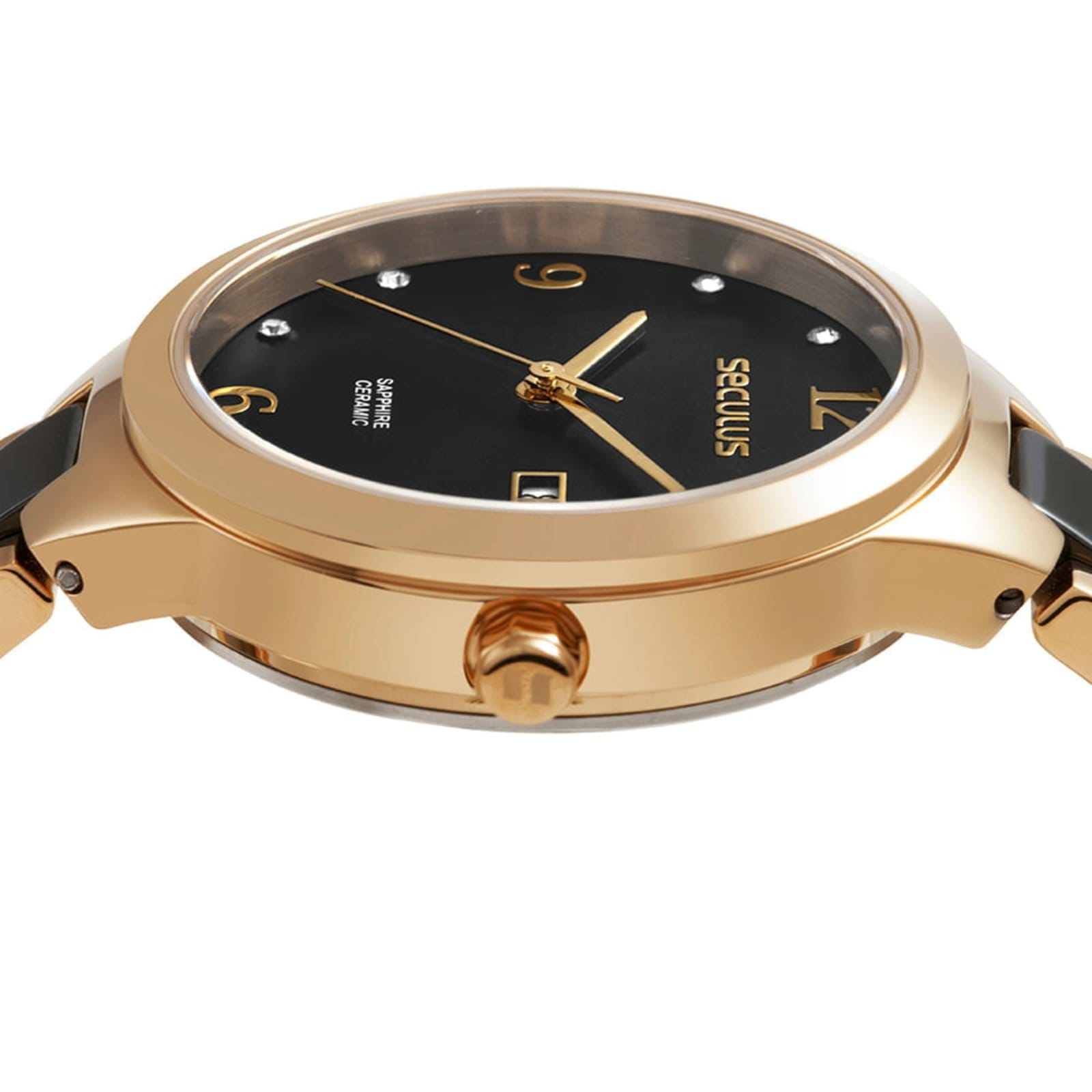 Vista 2 Relógio Feminino Aço Preto Calendário Fecho Joalheria Seculus dourado