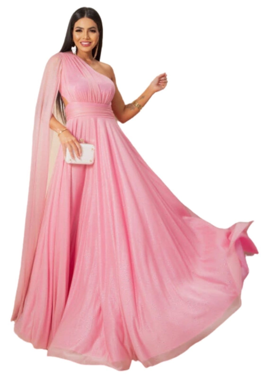 Vestido Longo de Festa Micro tule Com Brilho uma Manga Sueli