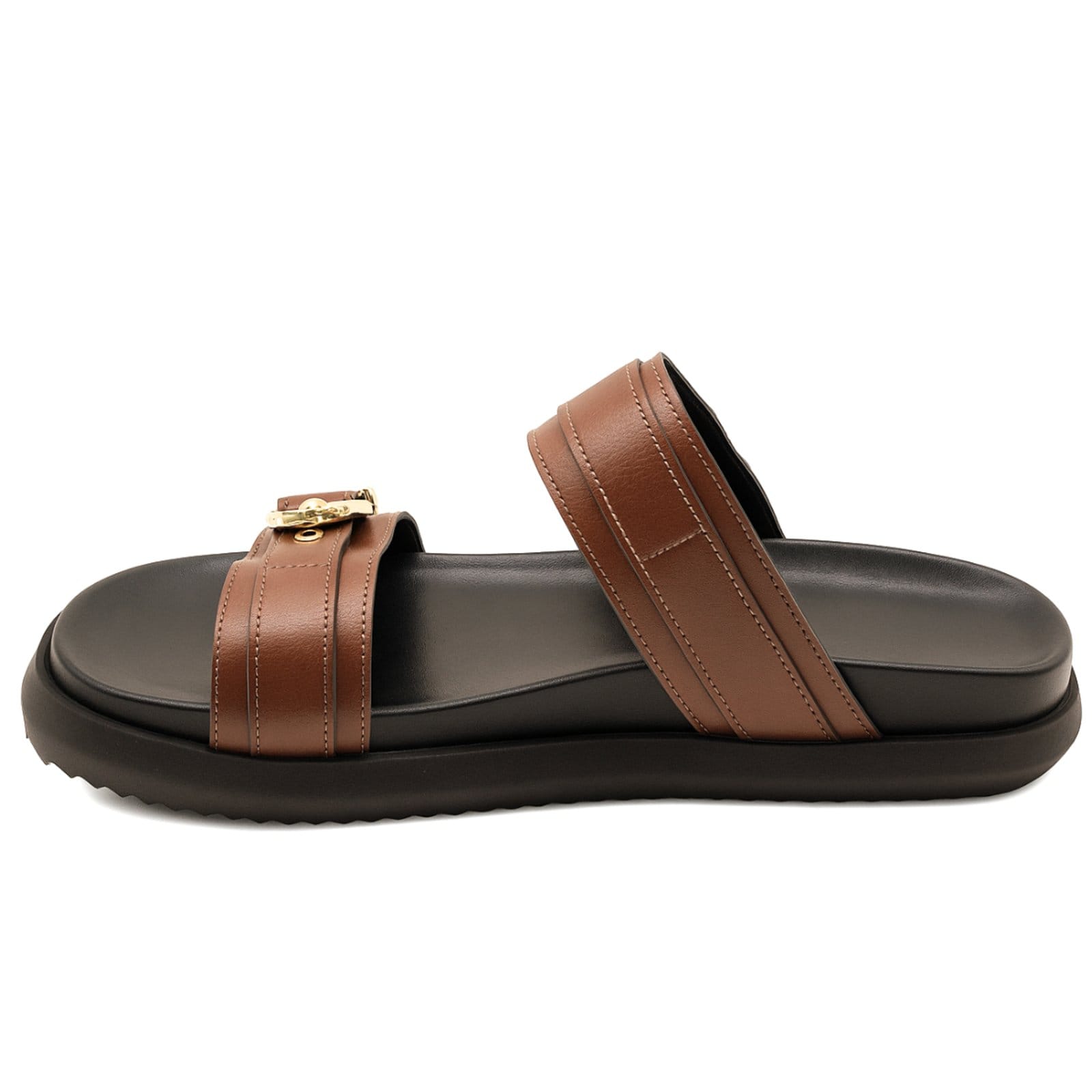 Vista 2 Papete Flatform Feminina Slide Duas Tiras Ajustáveis Cacau 003 Flor da Pele marrom