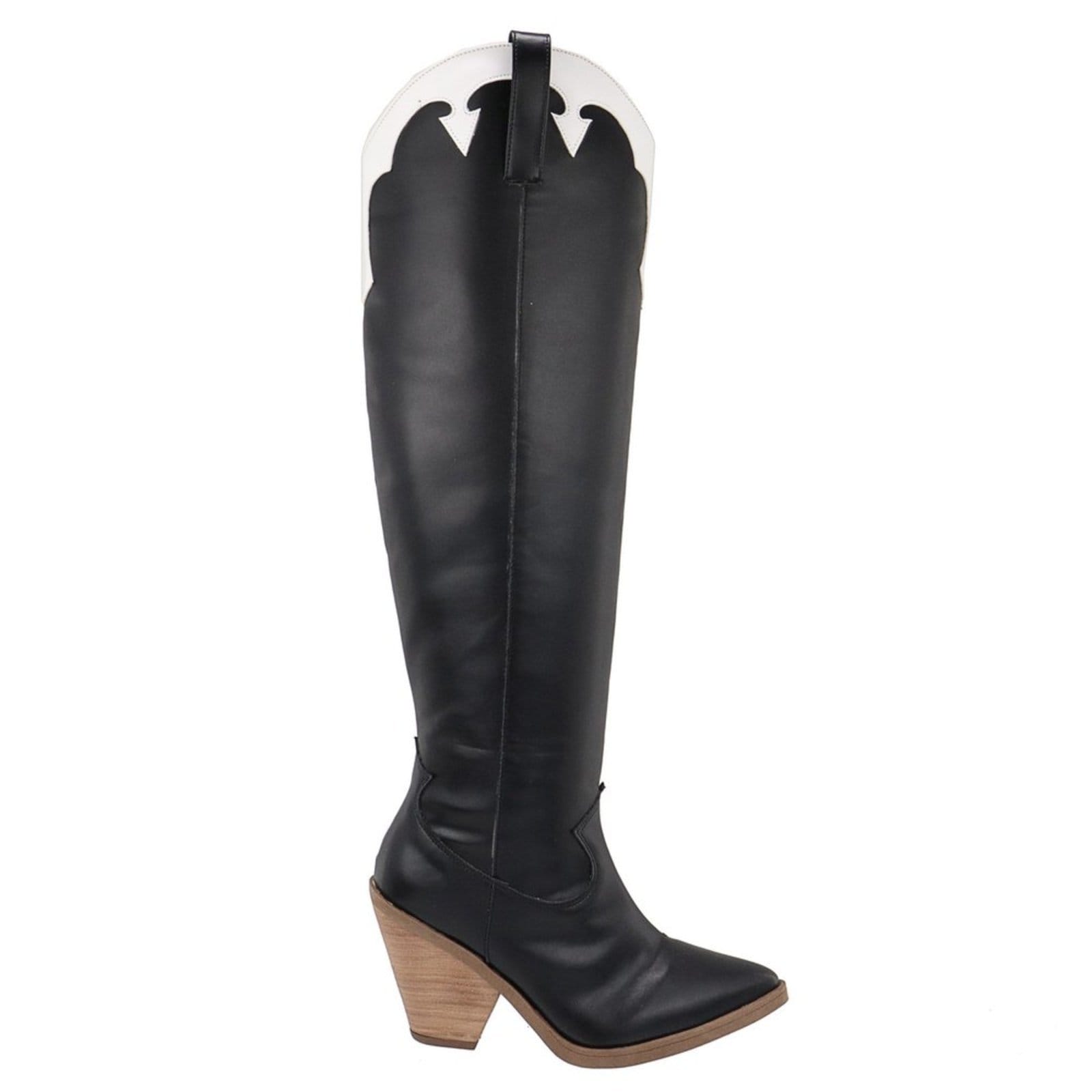 Vista 2 Bota Feminina Cano Alto 23135 Napa Preta Com Detalhes Branco Sete Sales preto