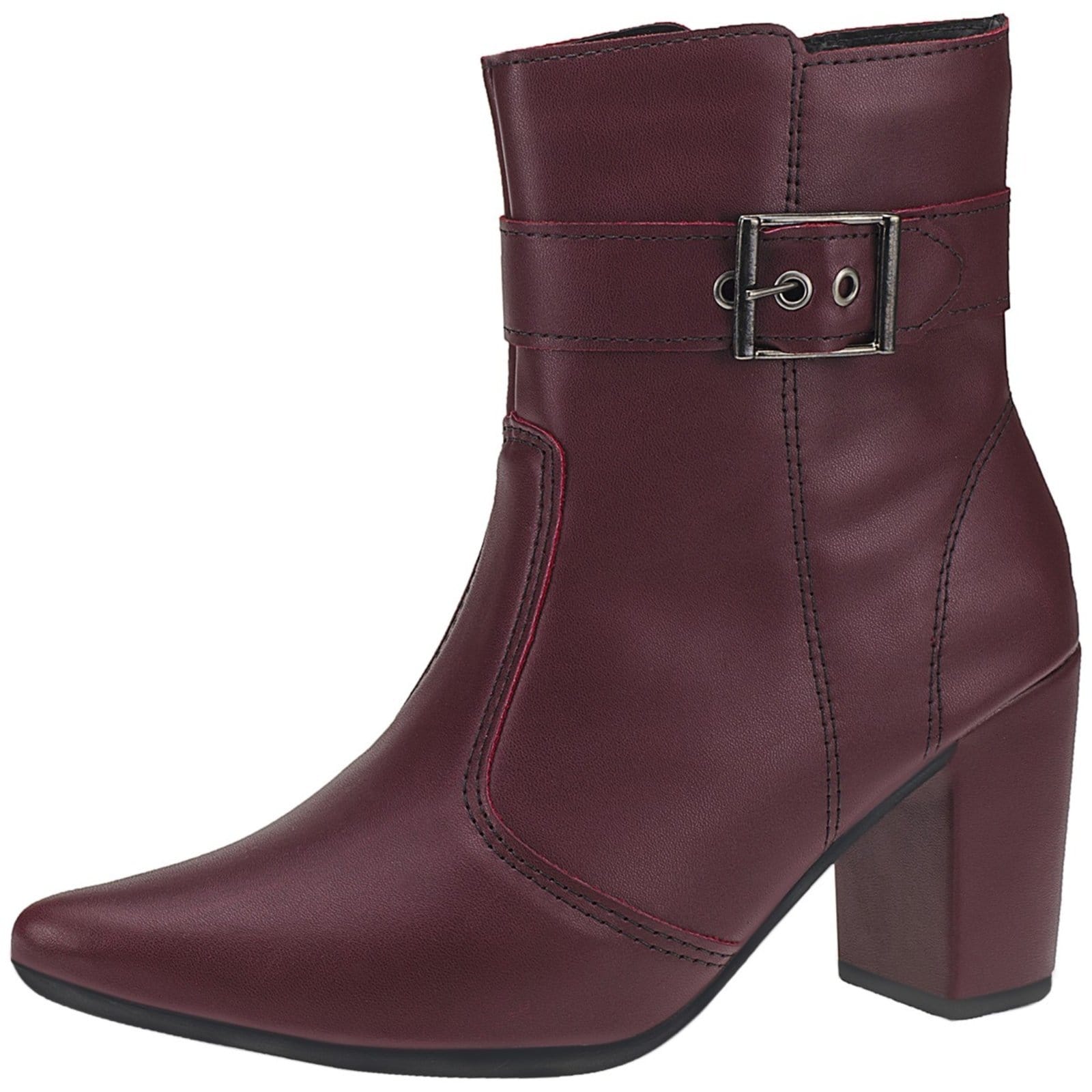 Bota Feminina Lóris Shoes com Zíper Bico Fino Lateral Cano Curto Salto com Acessório Fivela 205 Marsala