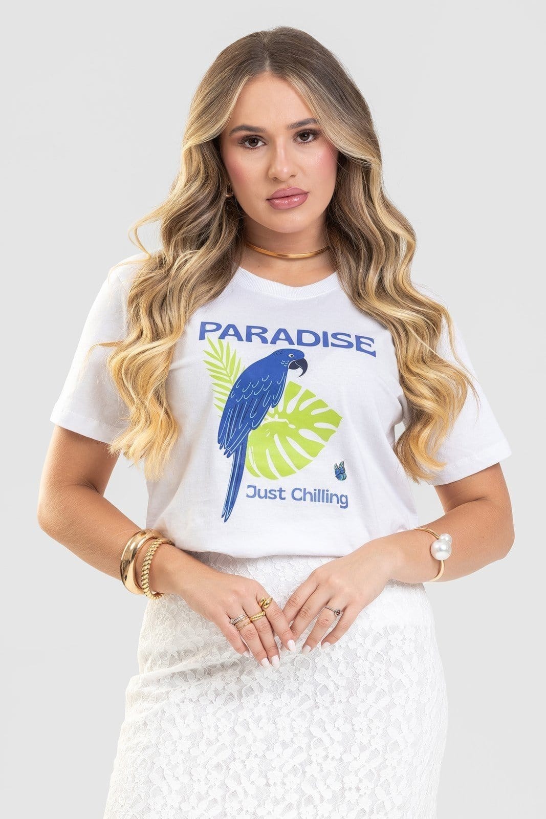 Camiseta Feminina Cianitas Branca Estampa Arara Paradise