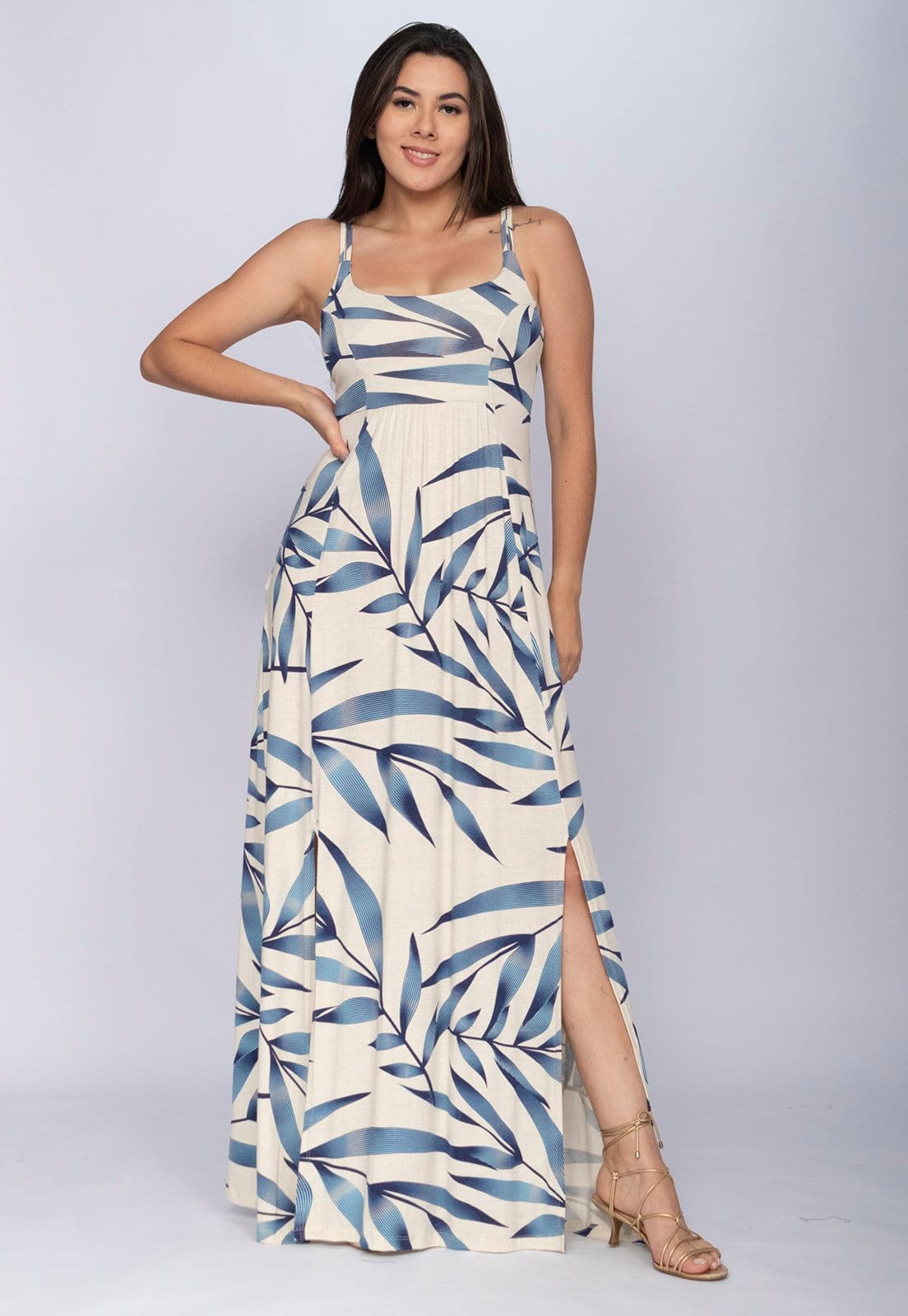 Vista 2 Vestido CabanaFree Longo Jambo Malha Aberturas Bambu Cabanafree azul/estampado azul