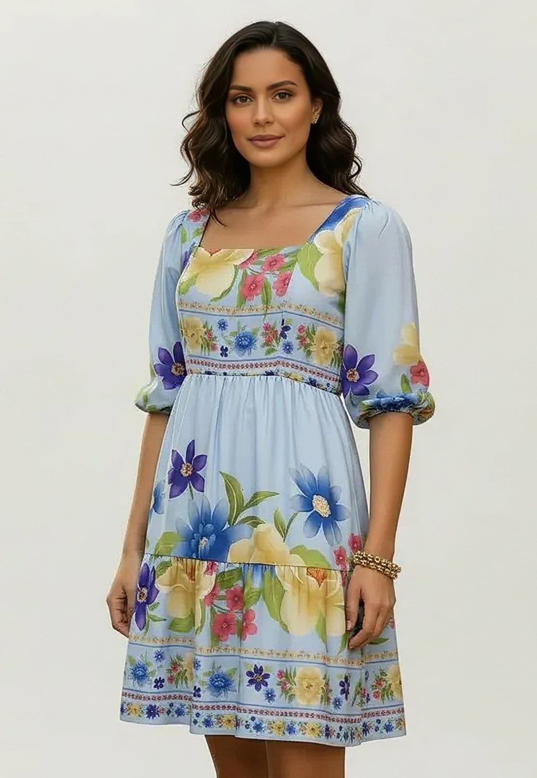 Vestido CabanaFree Curto Manga 3/4 Estampa Jardim