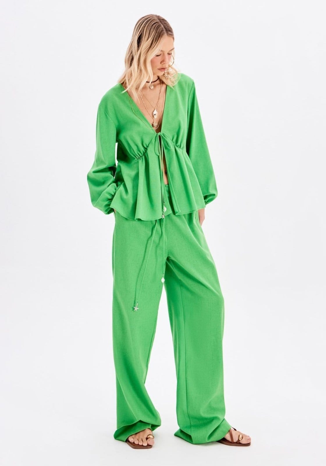 Calça Full Length Cós De Elástico Com Linho