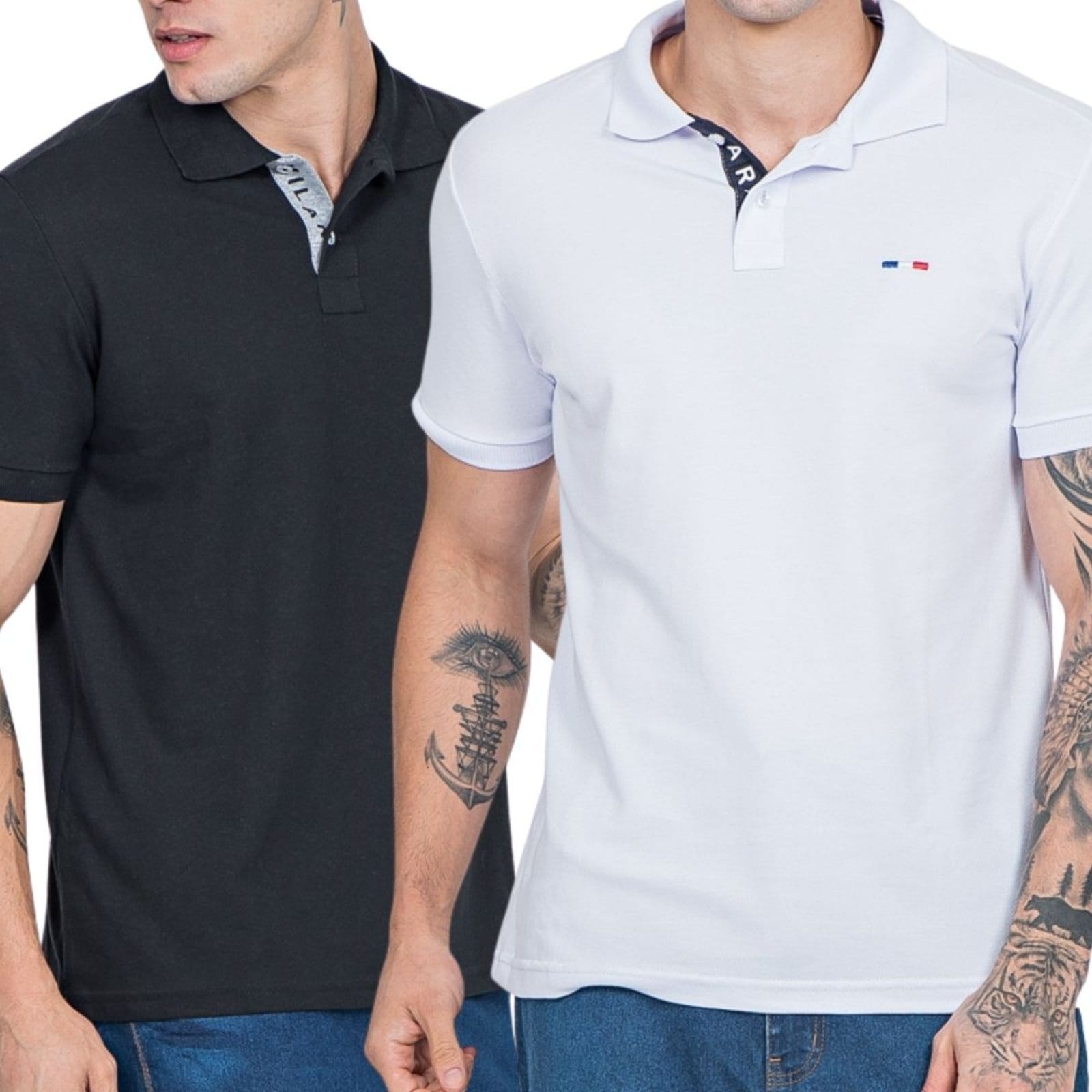 Kit 2 Polos Masculina Básicas FMF Branco e Piquet no Estilo Tommy Bordado França