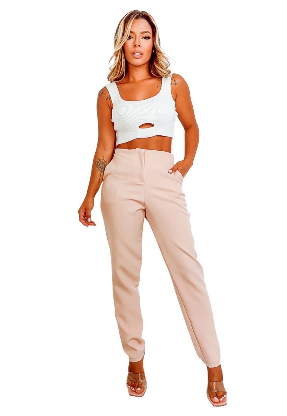 Vista 2 Calça Básica Alfaiataria Social YWC Ind Básica de Cós Alto Elegante Begê YWC ind bege