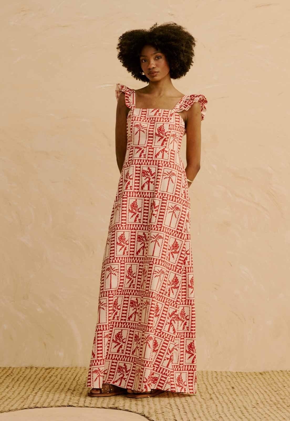 Vestido Longo Babado Manga Estampado Yura