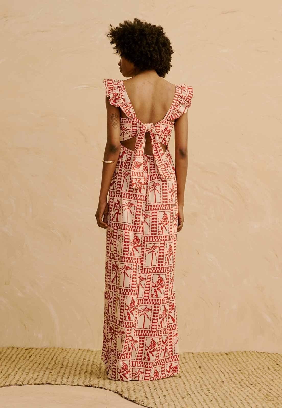 Vista 2 Vestido Longo Babado Manga Estampado Yura CaCay vermelho