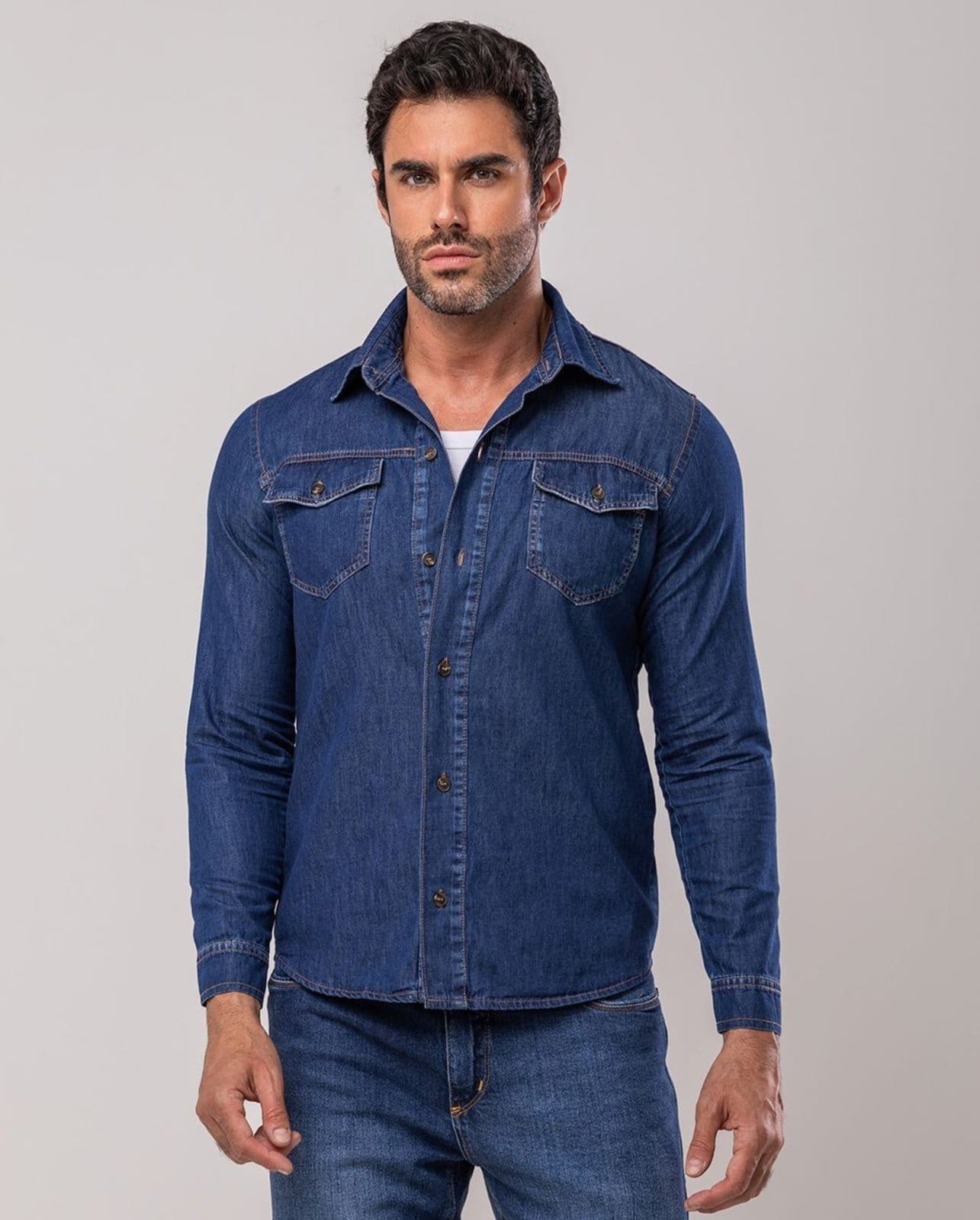Camisa Masculina com Bolso Chapado 24607 Escura