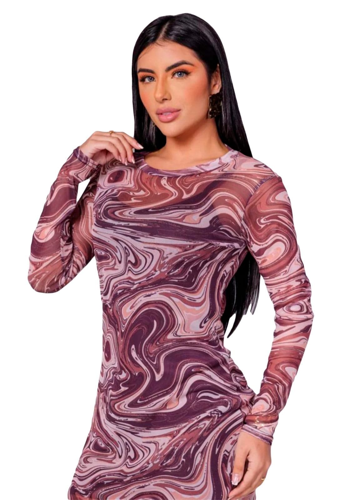 Vista 2 Vestido Tule Ywc ind Curto Manga Longa 2em1 Estampados Diversos Estampa preta YWC ind estampado