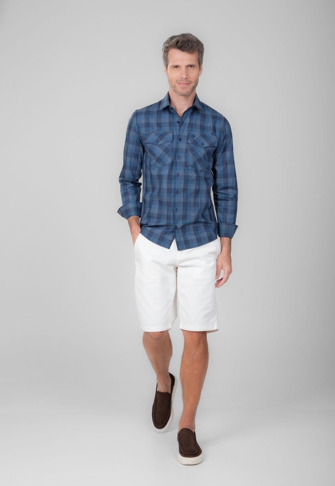 Camisa Traymon Slim Xadrez Com Bolsos Marinho/Azul