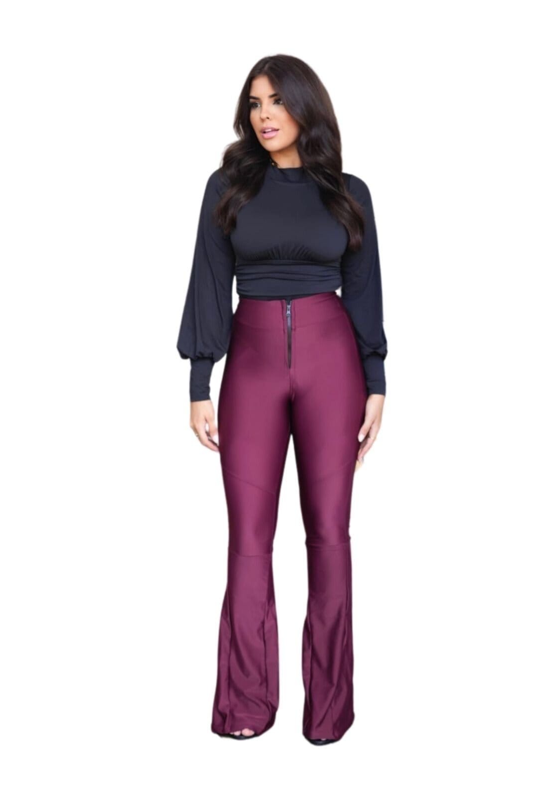 Vista principal Calça Flare Power Cintura Alta Com Elastano Cia do Vestido vinho