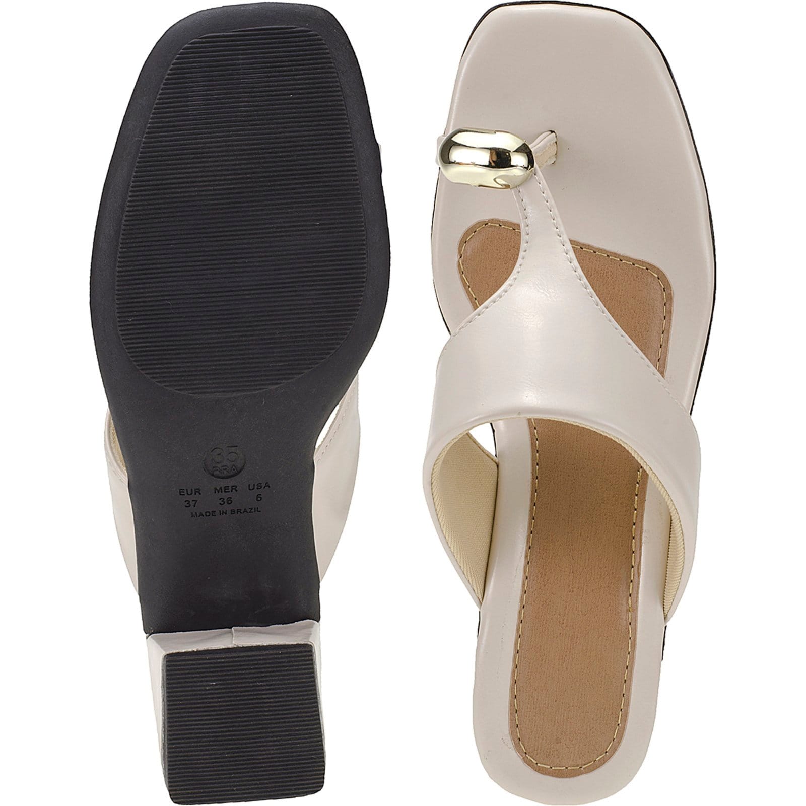 Vista 2 Sandália Tamanco Feminina com Salto Quadrado Detalhe Dourado Off White CIA DOS PASSOS off-white white
