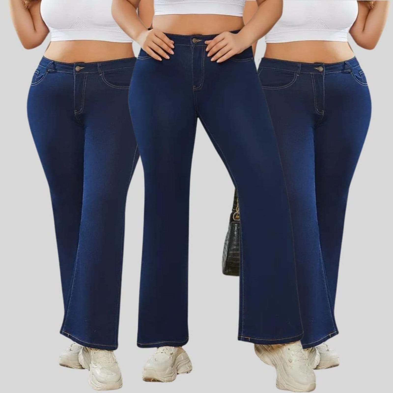 Kit 3 Calça Flare Plus Size Jeans Feminina Tex JEans Boca de Sino Cintura Alta Modeladora com Elastano Escuro