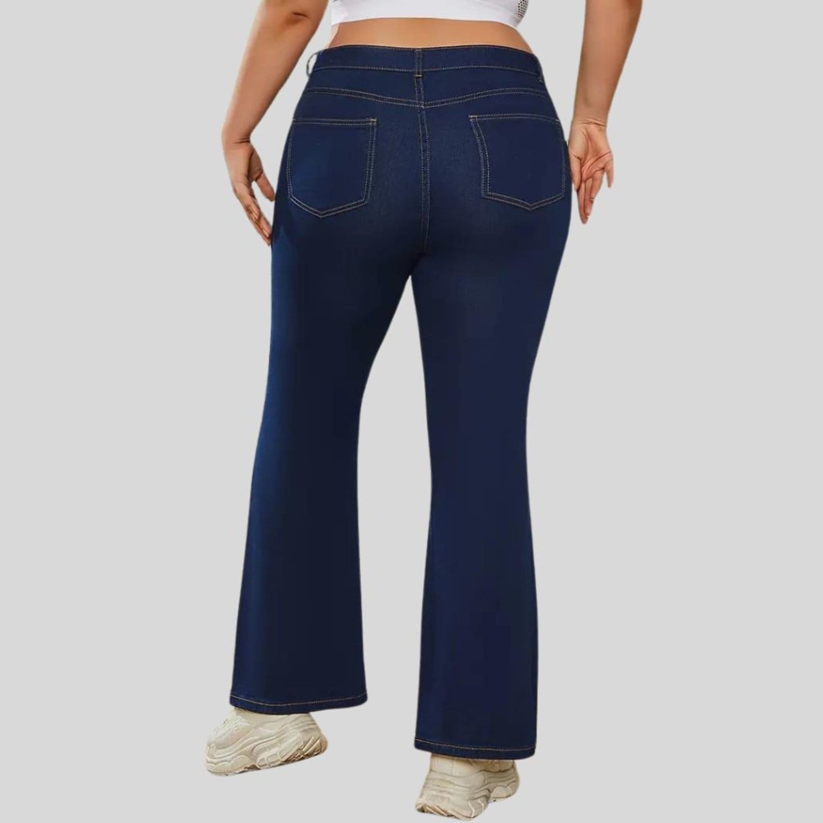 Vista 2 Kit 3 Calça Flare Plus Size Jeans Feminina Tex JEans Boca de Sino Cintura Alta Modeladora com Elastano Escuro TEX JEANS azul
