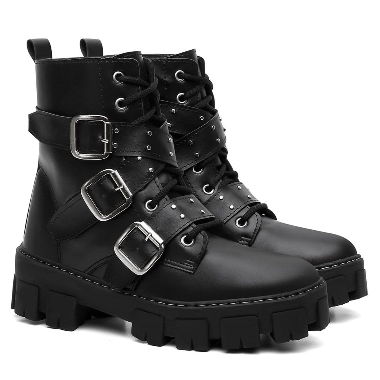 Bota Coturno Feminino Anna Andrade Cano Baixo Tratorado Casual Militar Rock Tendência - 2