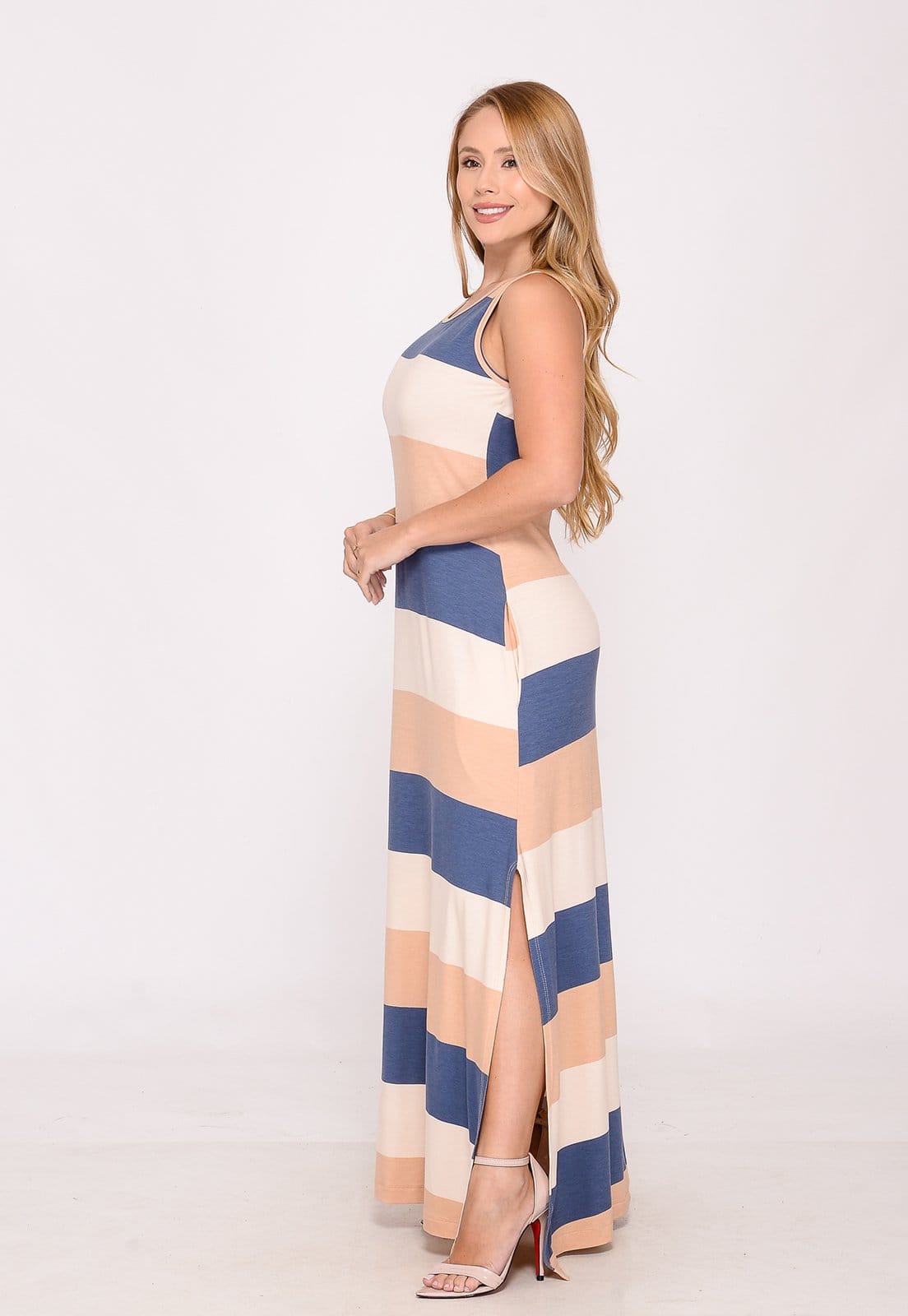 Vista 2 Vestido com Fendas Laterais BBonnie Catarina Listra Nude BBonnie azul marinho nude