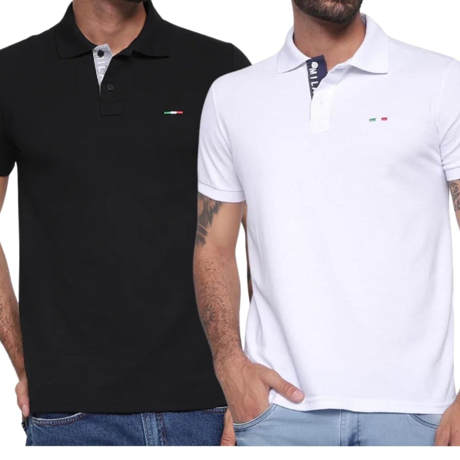 Kit 2 Polos Masculina Básicas FMF Piquet no Estilo Tommy Bordado Itália Preto Branco