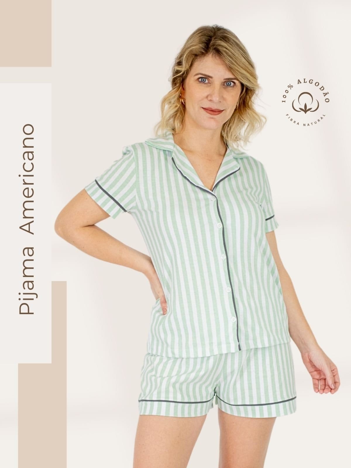 Vista 2 Pijama Algodão Americano Piante Manga Curta Listrado Piante verde