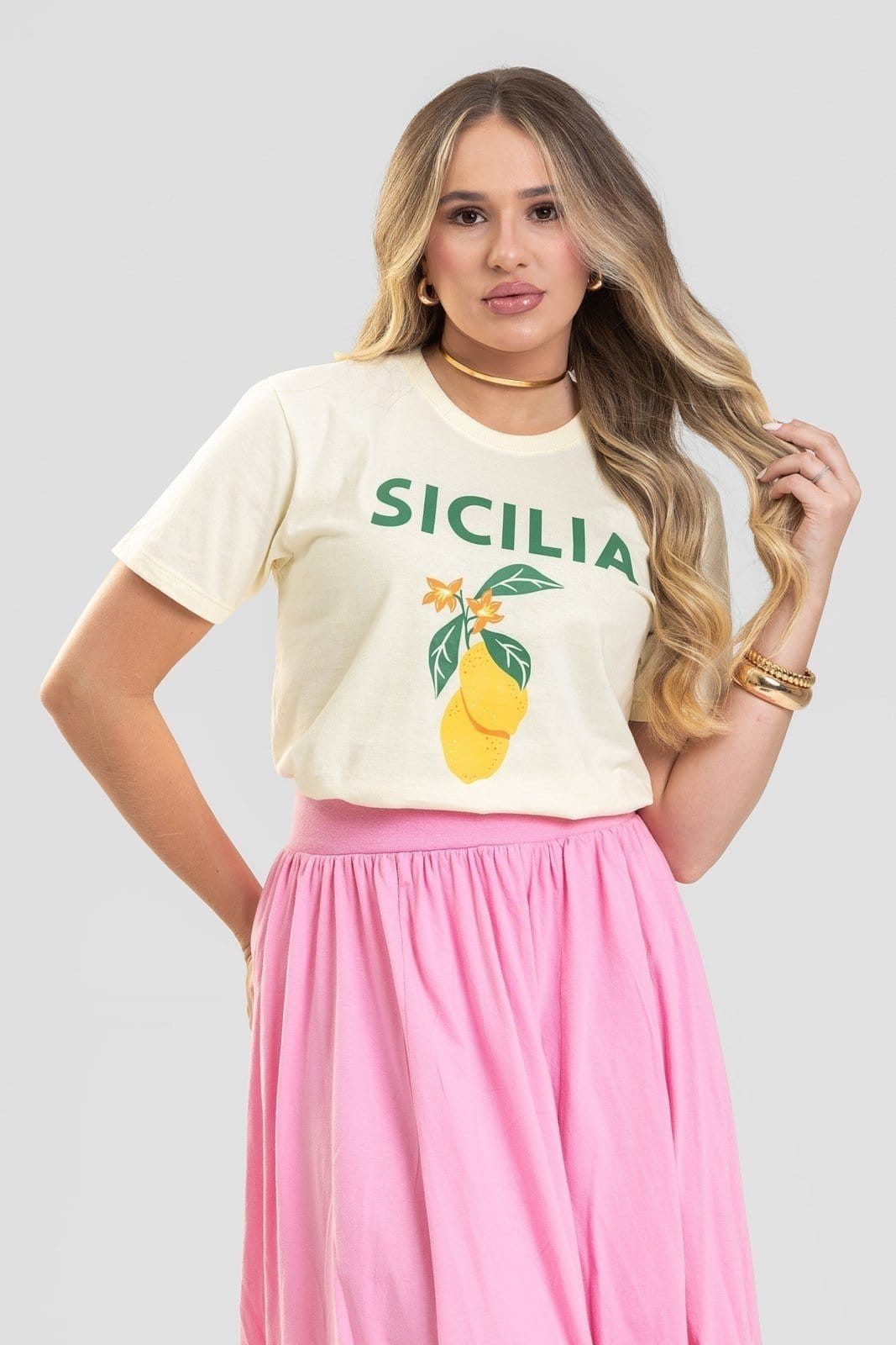 Vista 2 Camiseta Feminina Cianitas Amarela Estampa Sicilia Cianitas amarelo