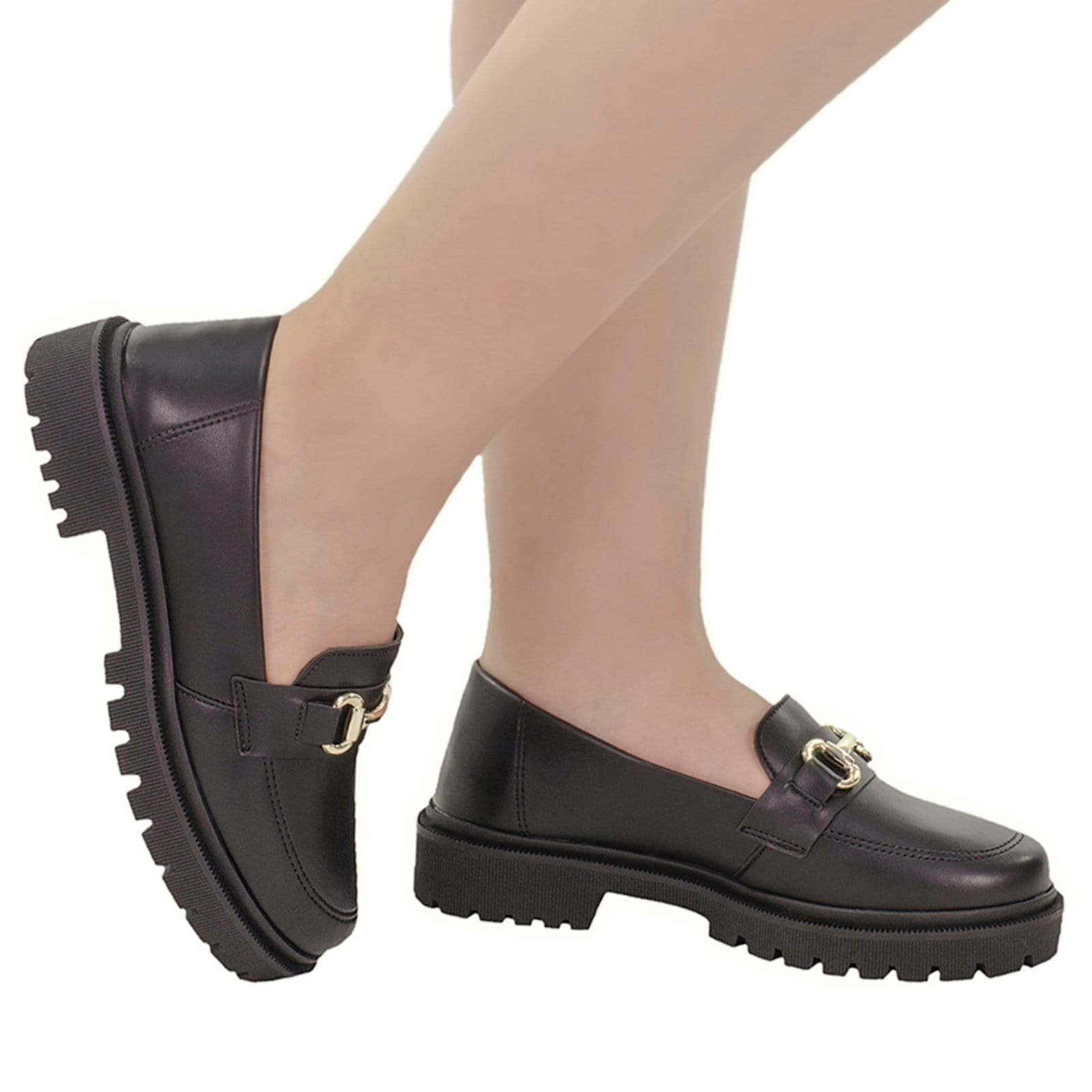 Vista 2 Mocassim Feminino Tratorado Bico Redondo com Enfeite Corrente ABS LÓRIS SHOES preto