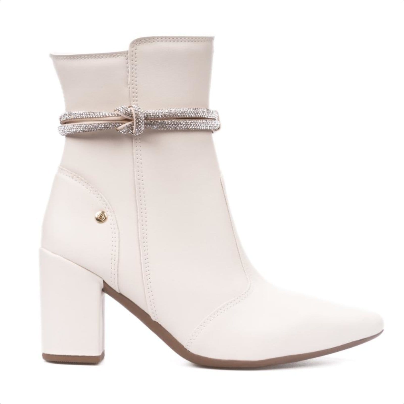 Vista 2 Bota Feminina Cano Médio De Strass Bico Fino Salto Grosso Domidona off-white