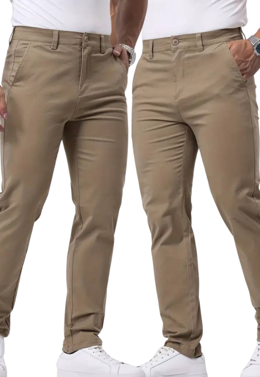 Kit 2 Calças Sarja Masculina Kovali Premium Com Elastano Confortável Caqui