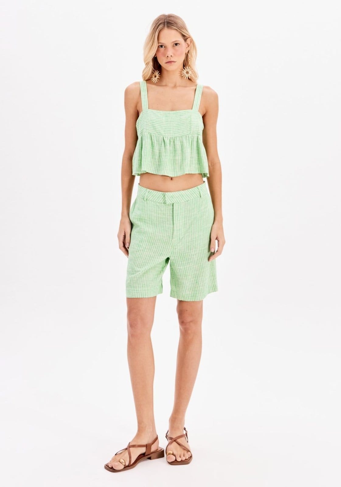 Bermuda Cintura Média Com Linho Listrada