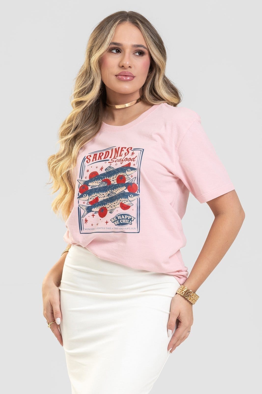 Vista 2 Camiseta Feminina Cianitas Estampa Sardines Seafood Cianitas rosa
