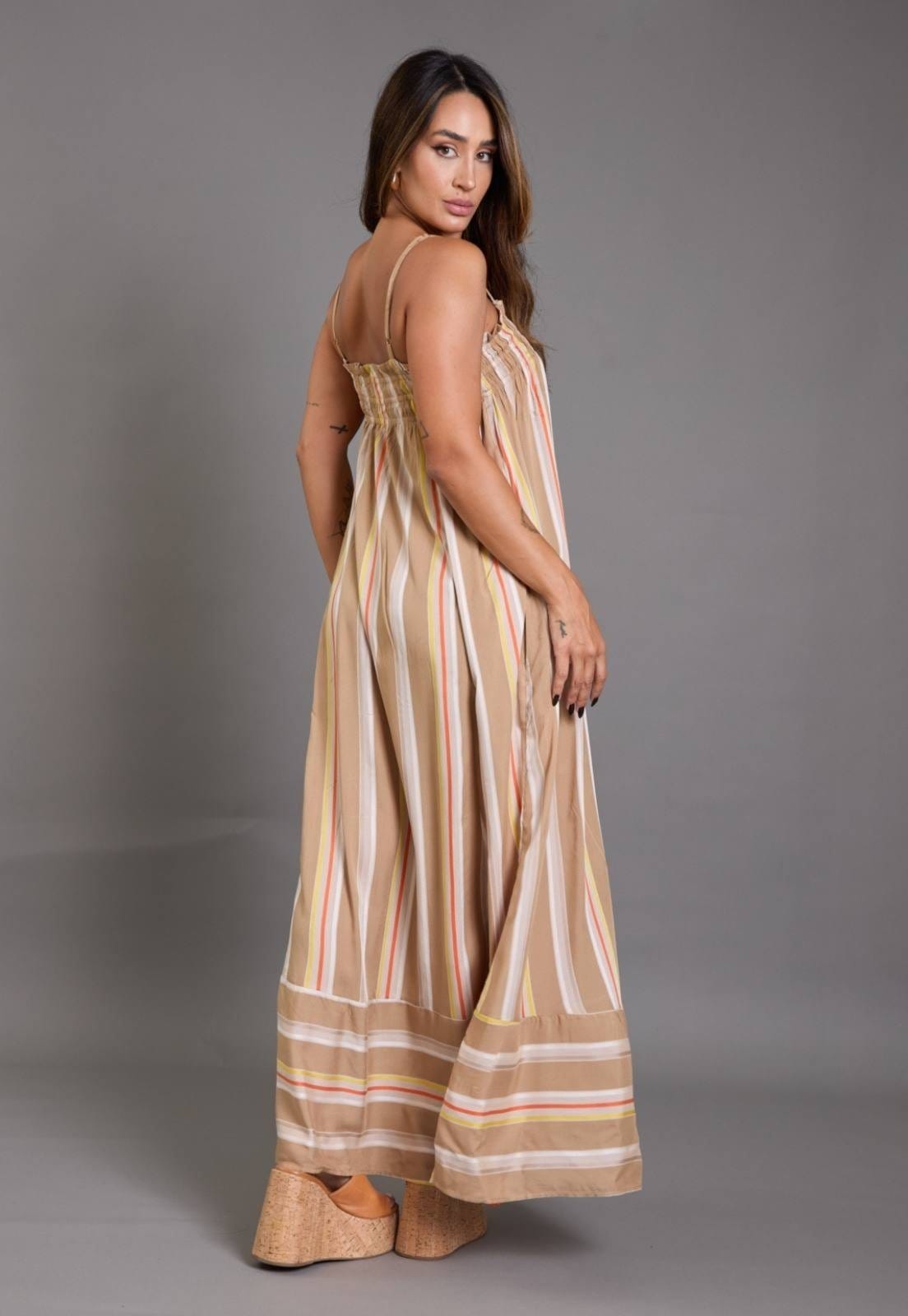 Vista 2 Vestido Longo Listrado Alças Finas VHF Variedades Estiloso Caqui VHF VARIEDADES azul caqui