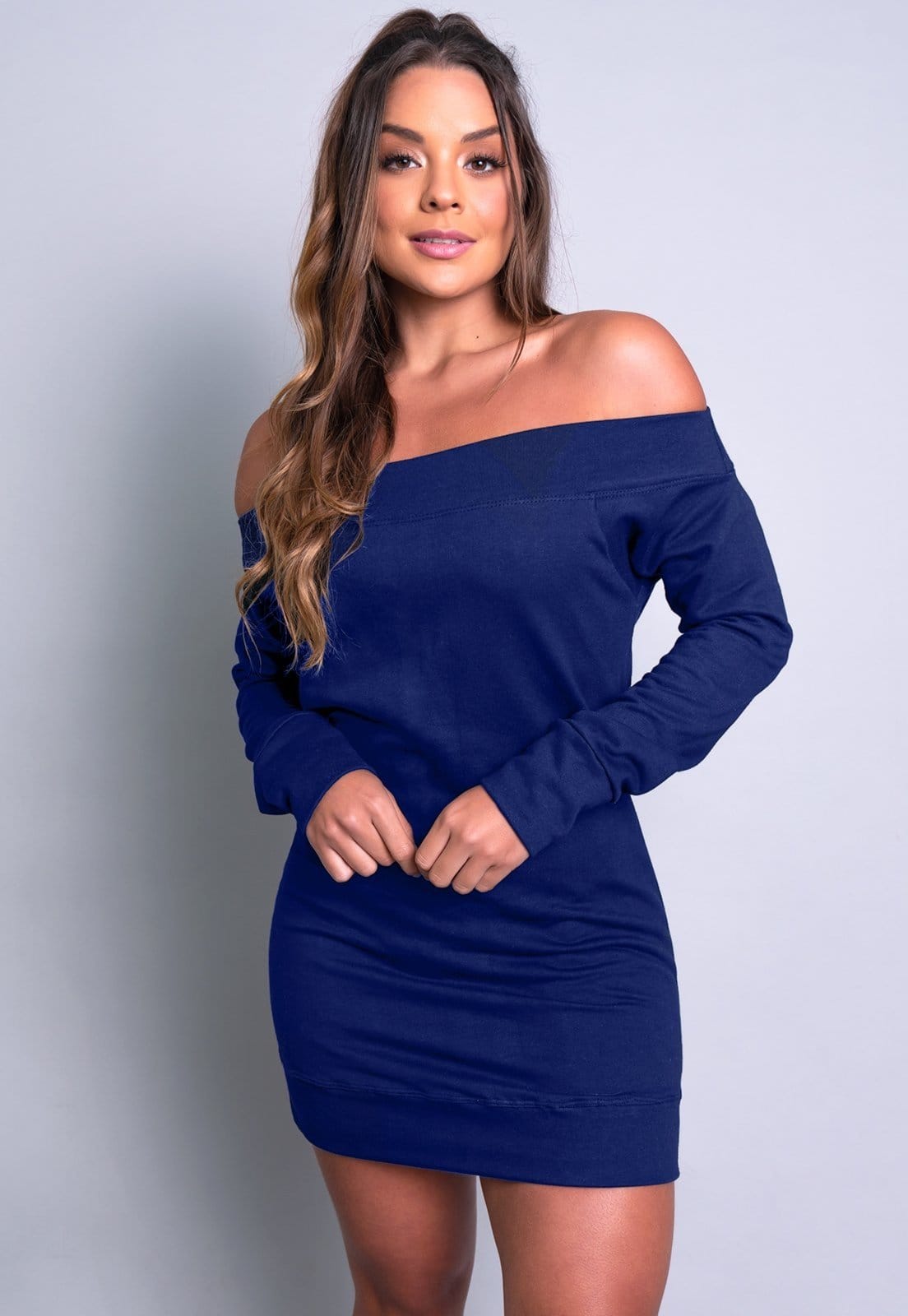 Vestido MVB Modas Moletom Flanelado Ombro a Ombro Azul