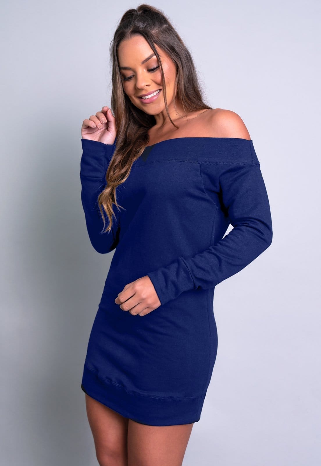 Vista 2 Vestido MVB Modas Moletom Flanelado Ombro a Ombro Azul Mvb Modas azul marinho/cinza