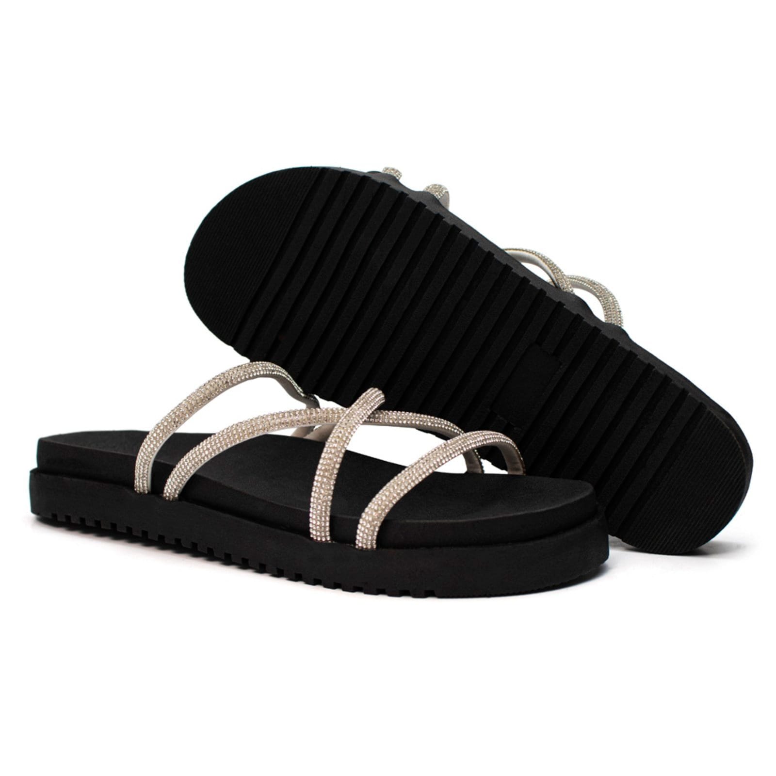 Vista 2 Sandália Nine4 Rasteira Tiras Brilhante Strass Cristal Nine4 prata