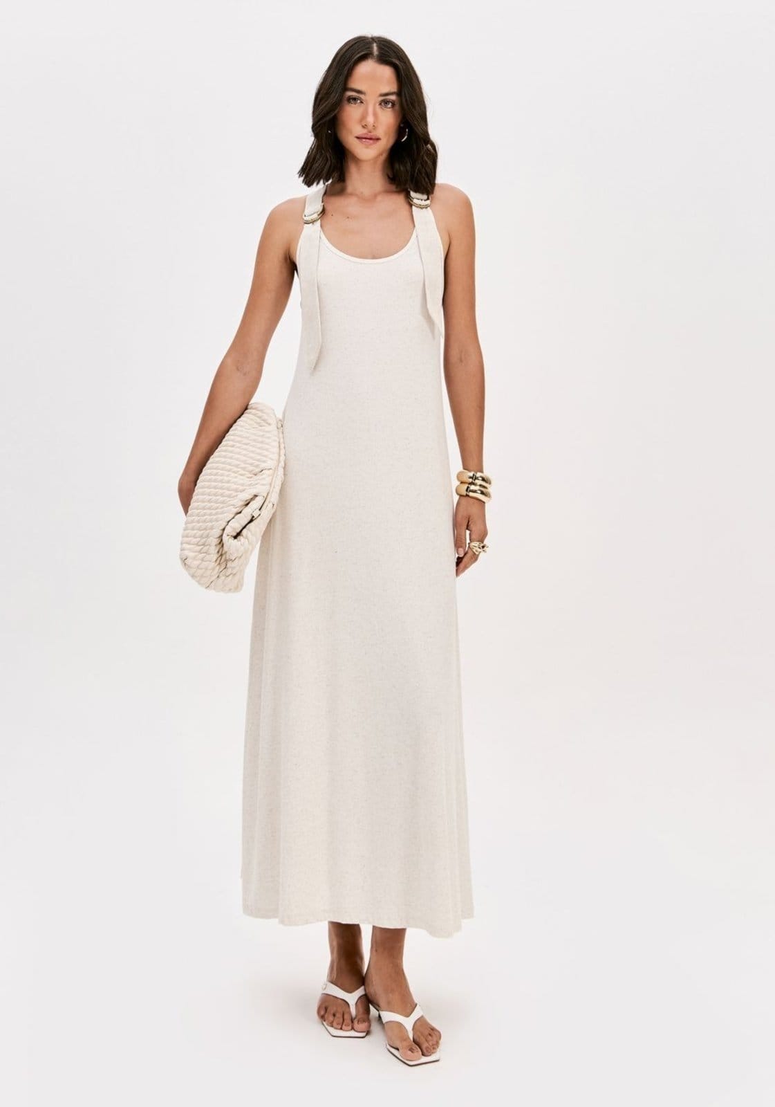 Vestido Canelado Super Midi Com Linho