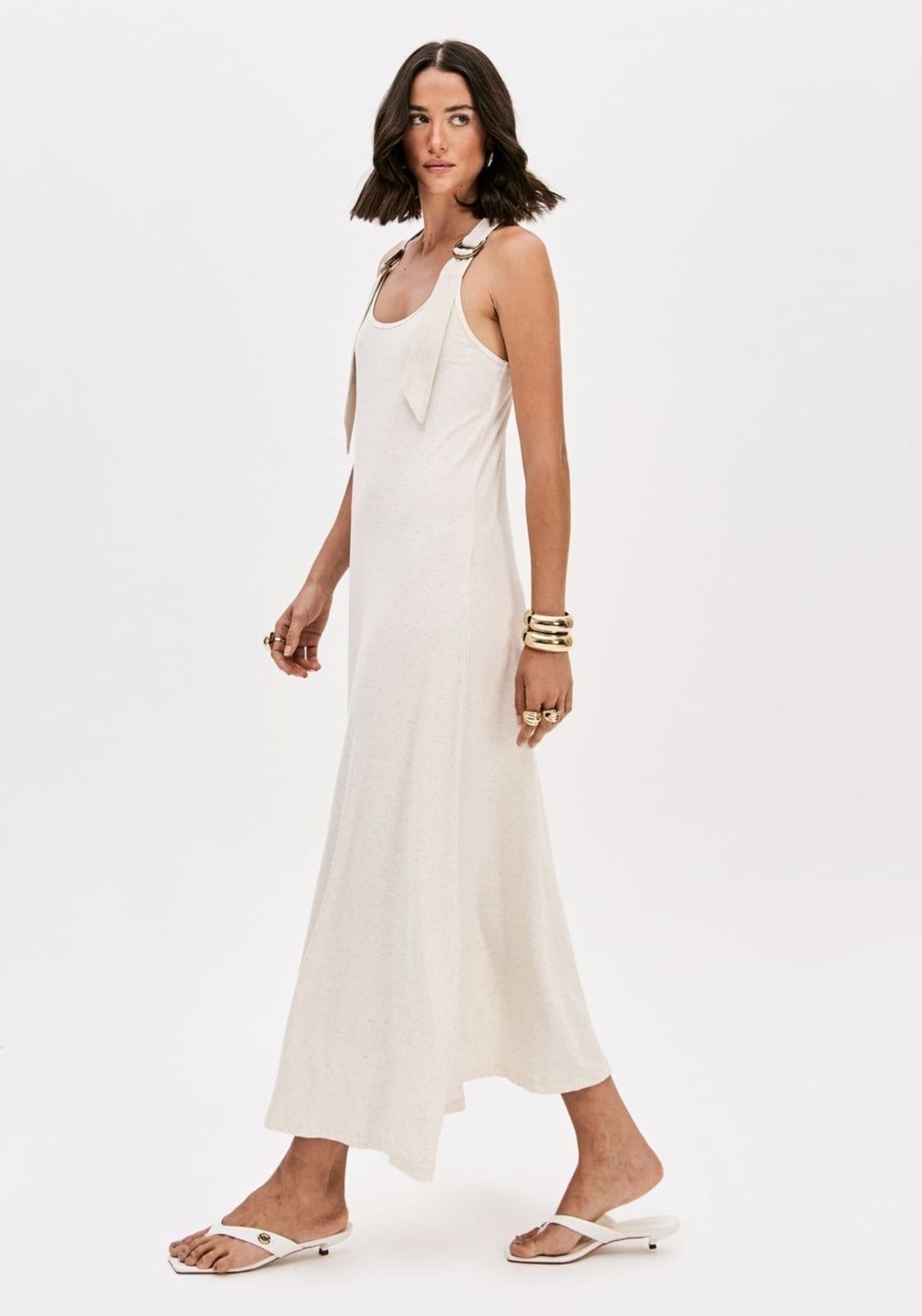 Vista 2 Vestido Canelado Super Midi Com Linho Lança Perfume branco