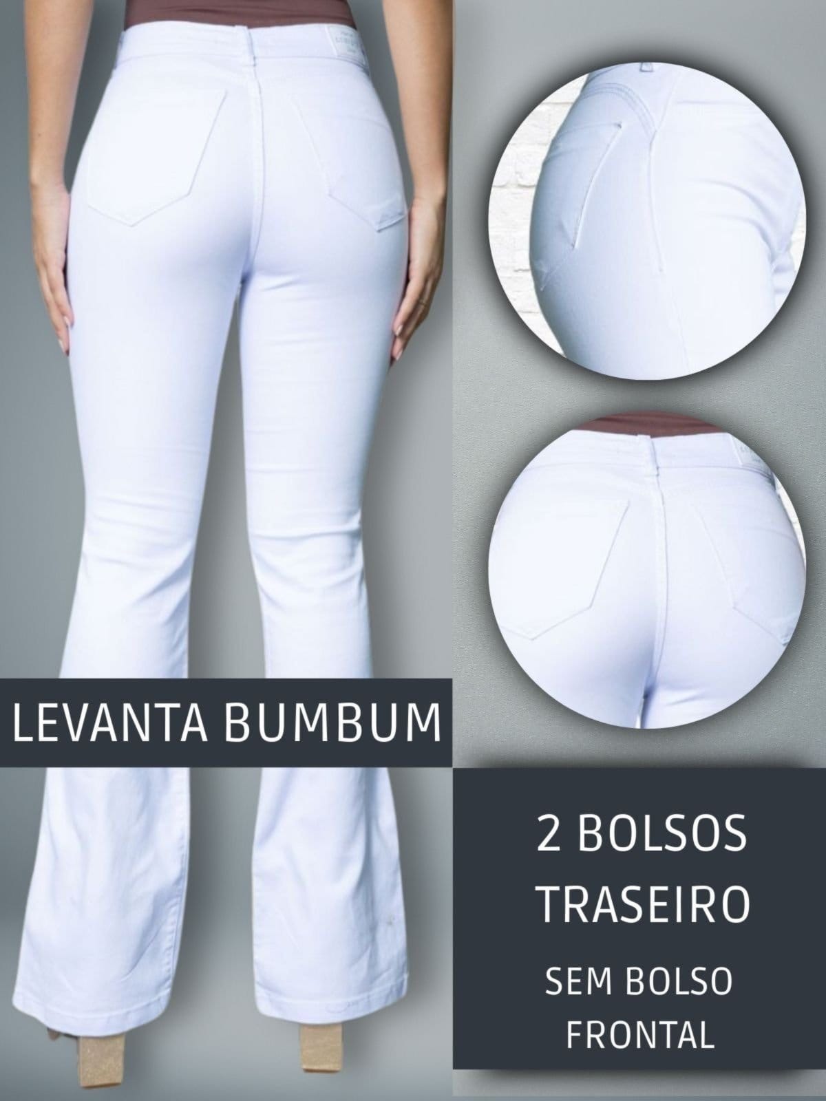 Vista 2 Calça Jeans Flare Boca de Sino Feminina Branca Cintura Alta Estilo Retro Safira Moda branco