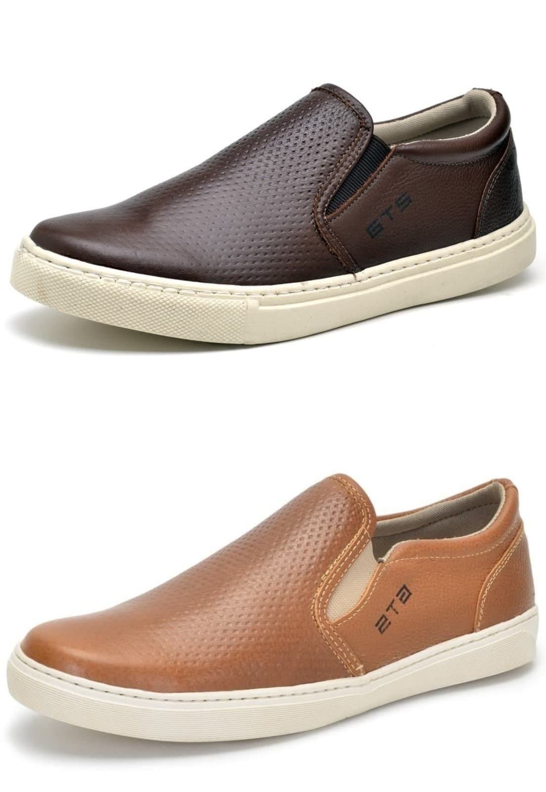 Kit 02 Pares de Tenis Slip On sem Cadarço de Couro CSF Franca DFT Kit Maritimo Café/Caramelo