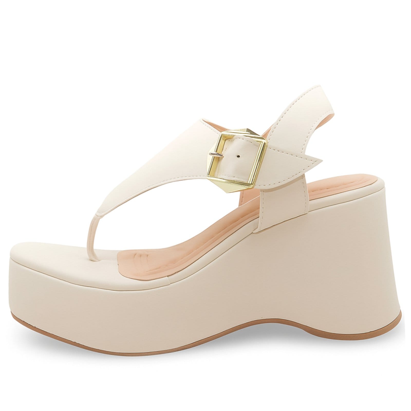 Sandália Anabela Feminina Off White Salto Alto Com Fivela Lateral 9002