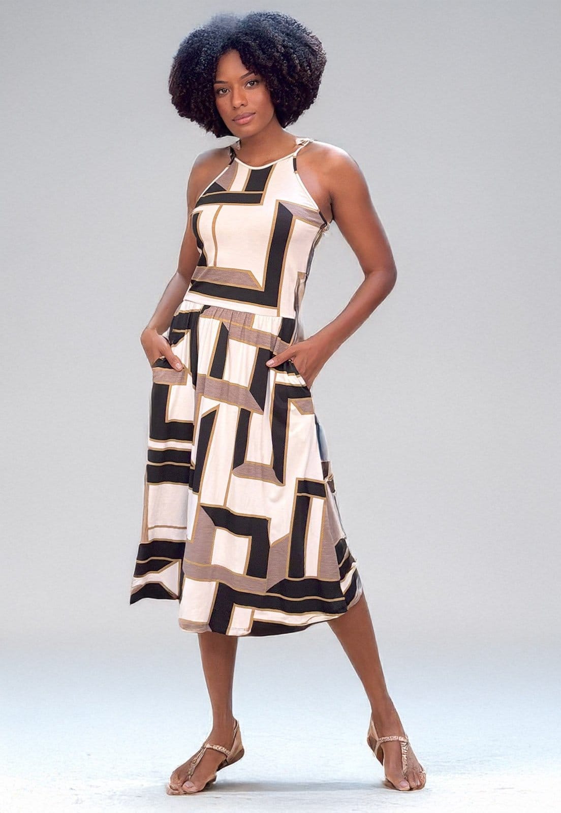 Vista 2 Vestido Midi Cabanafree Jennifer Malha Trapézio com Bolso Igaci Cabanafree branco/estampado/preto