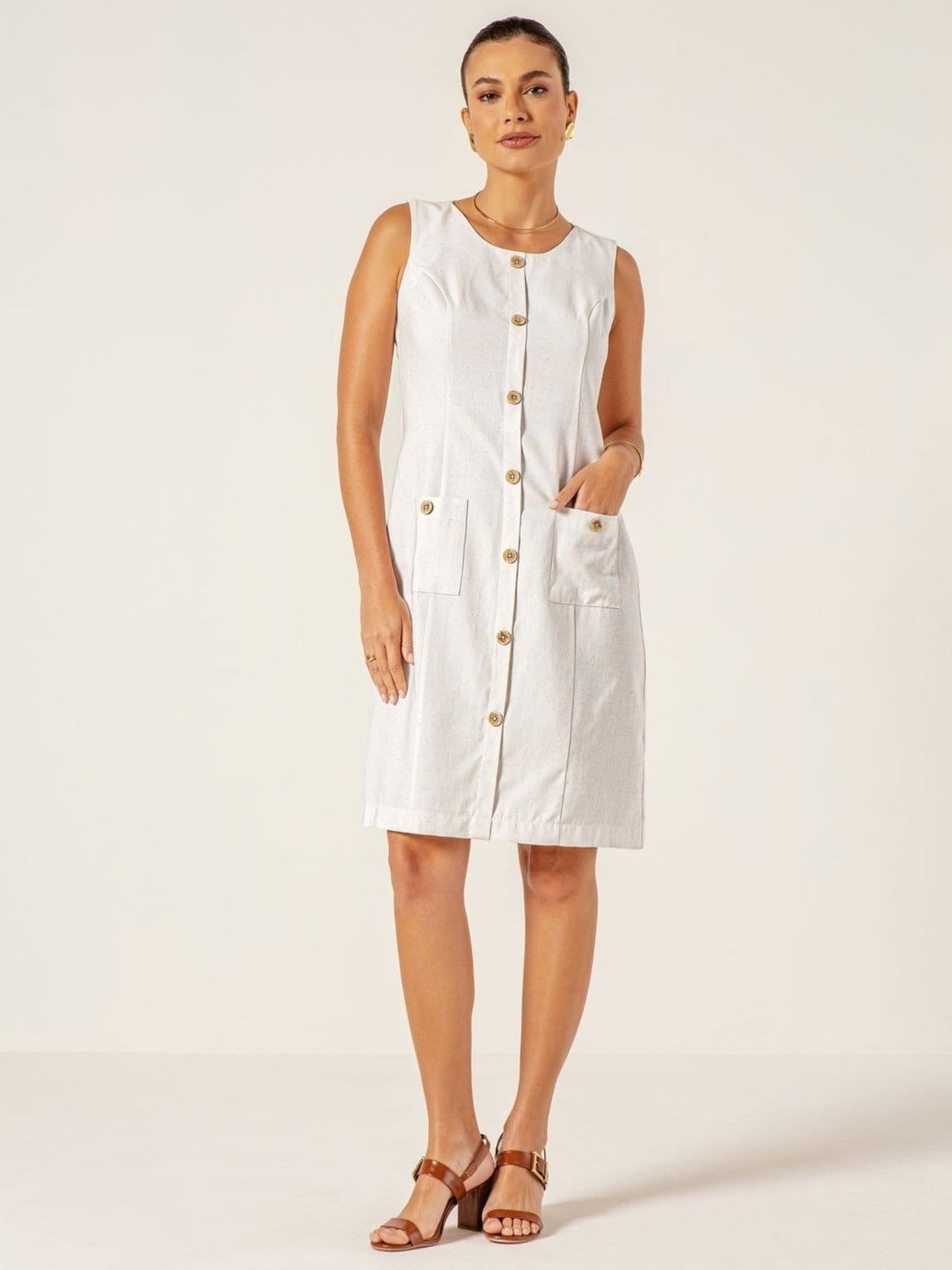 Vista 2 Vestido Clássico em Viscose Fluid com Linho Off White Judy Principessa off-white white