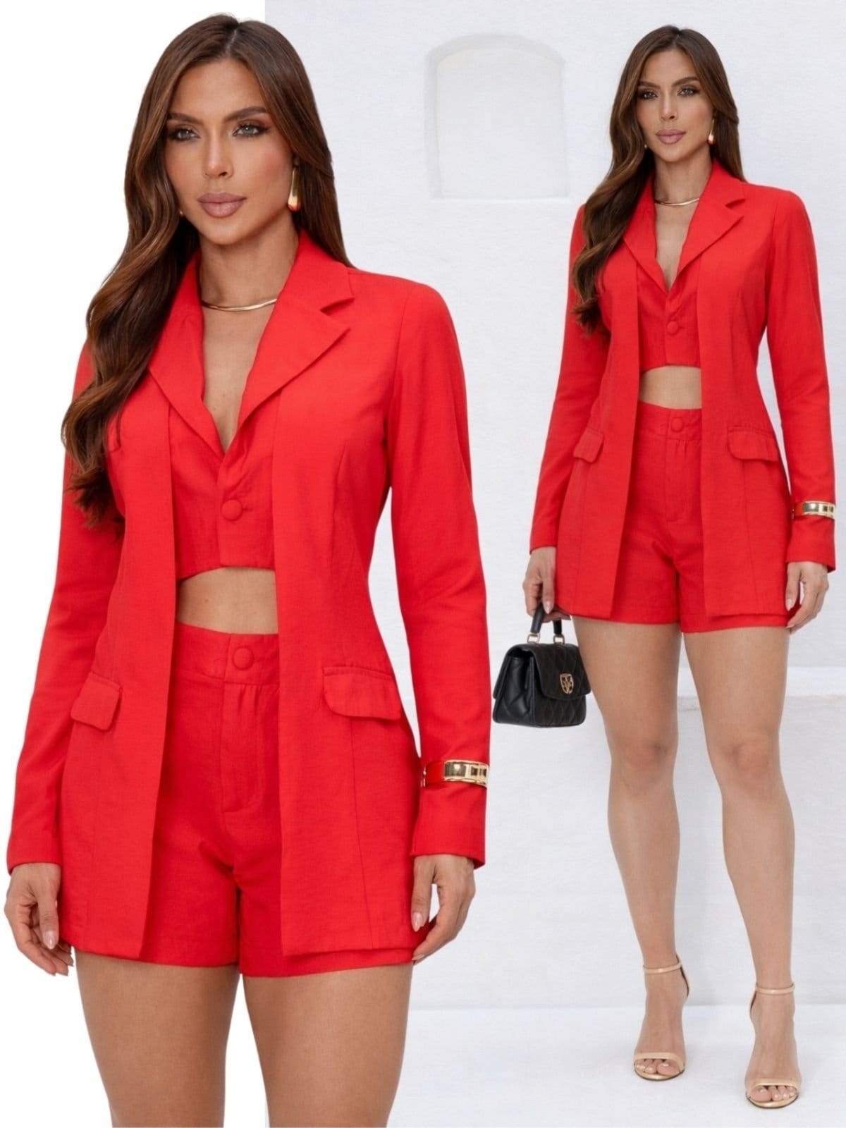 Vista principal Conjunto Feminino Blazer Colete Duplo Shorts Curto Elegante TROPICAL FASHION vermelho