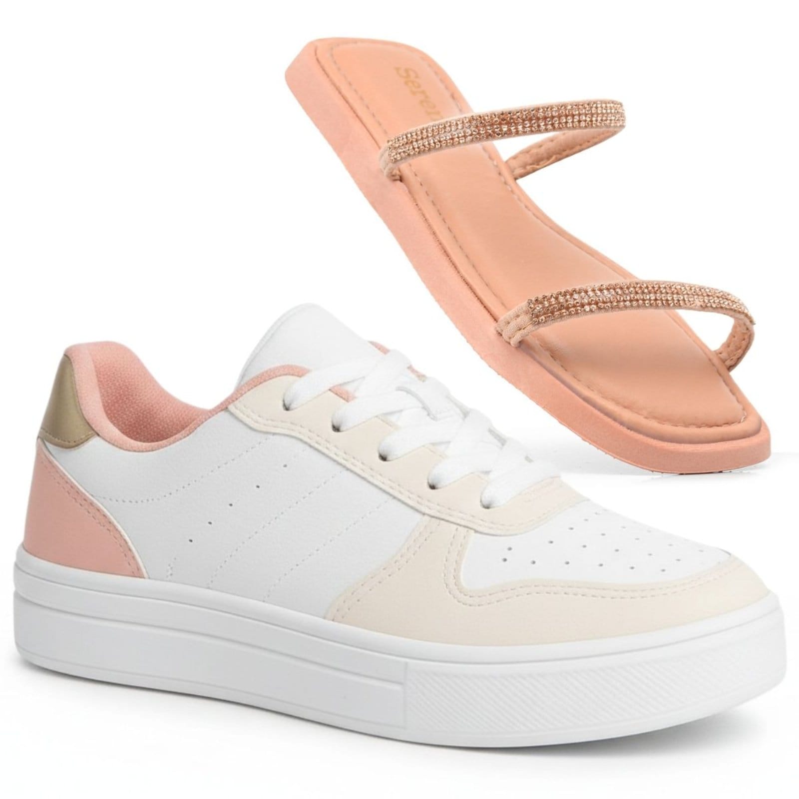 Tênis Sneakers Feminino Cano Baixo Kit Com Papete Rose Feminina Sandália Versátil