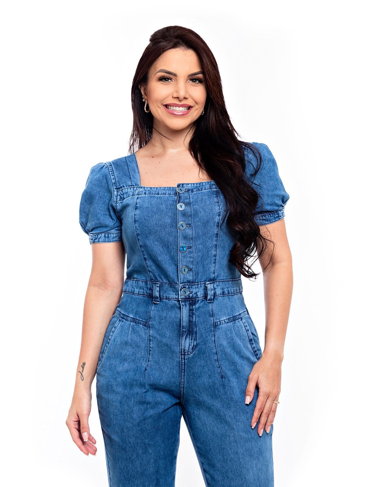 Vista 2 Macacão Slouchy Restrito Jeans Manga Princesa MÉDIO Restrito Jeans azul