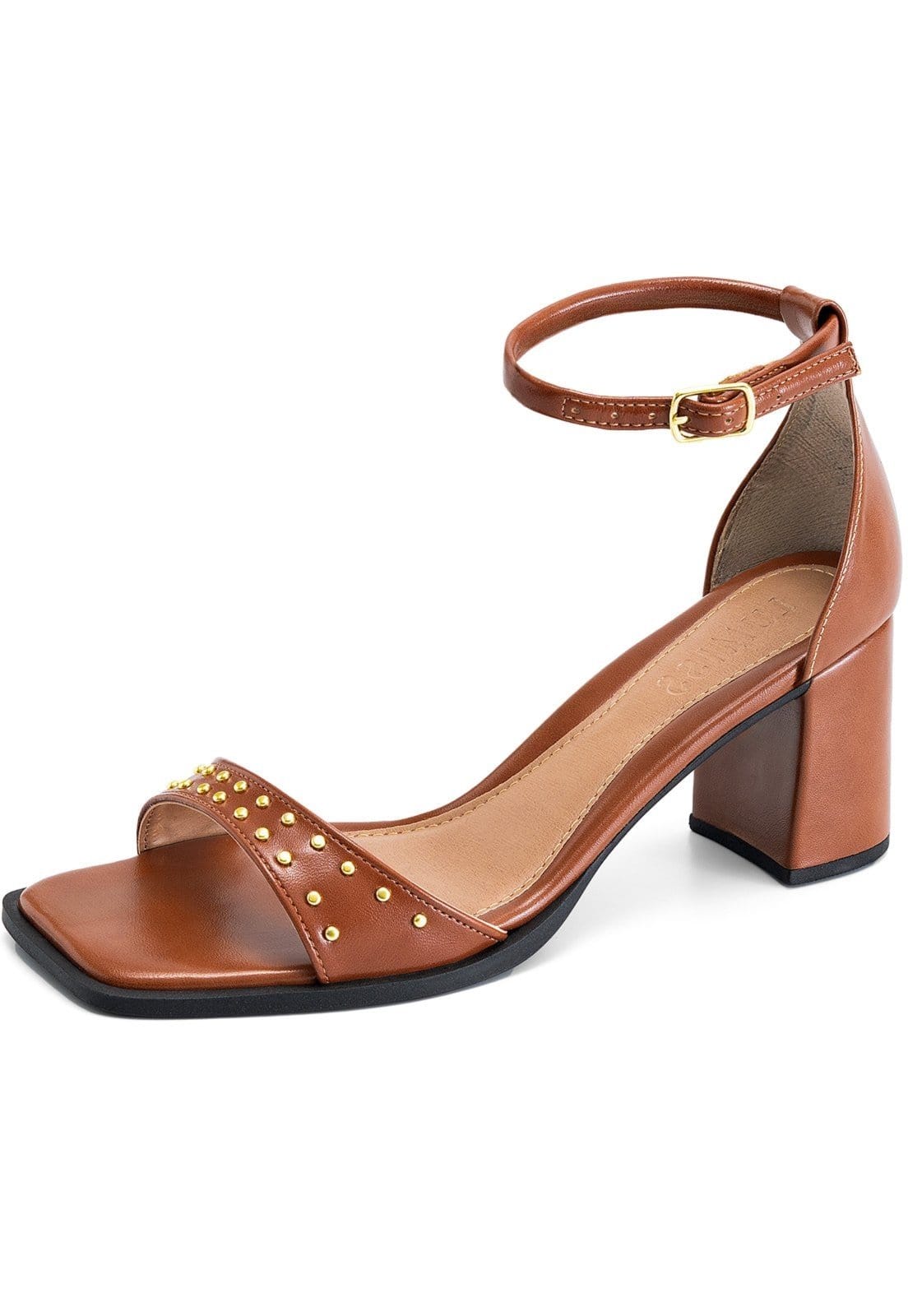 Sandália Feminina Lumiss Salto Baixo Bloco Tachas Dourada Bico Quadrado