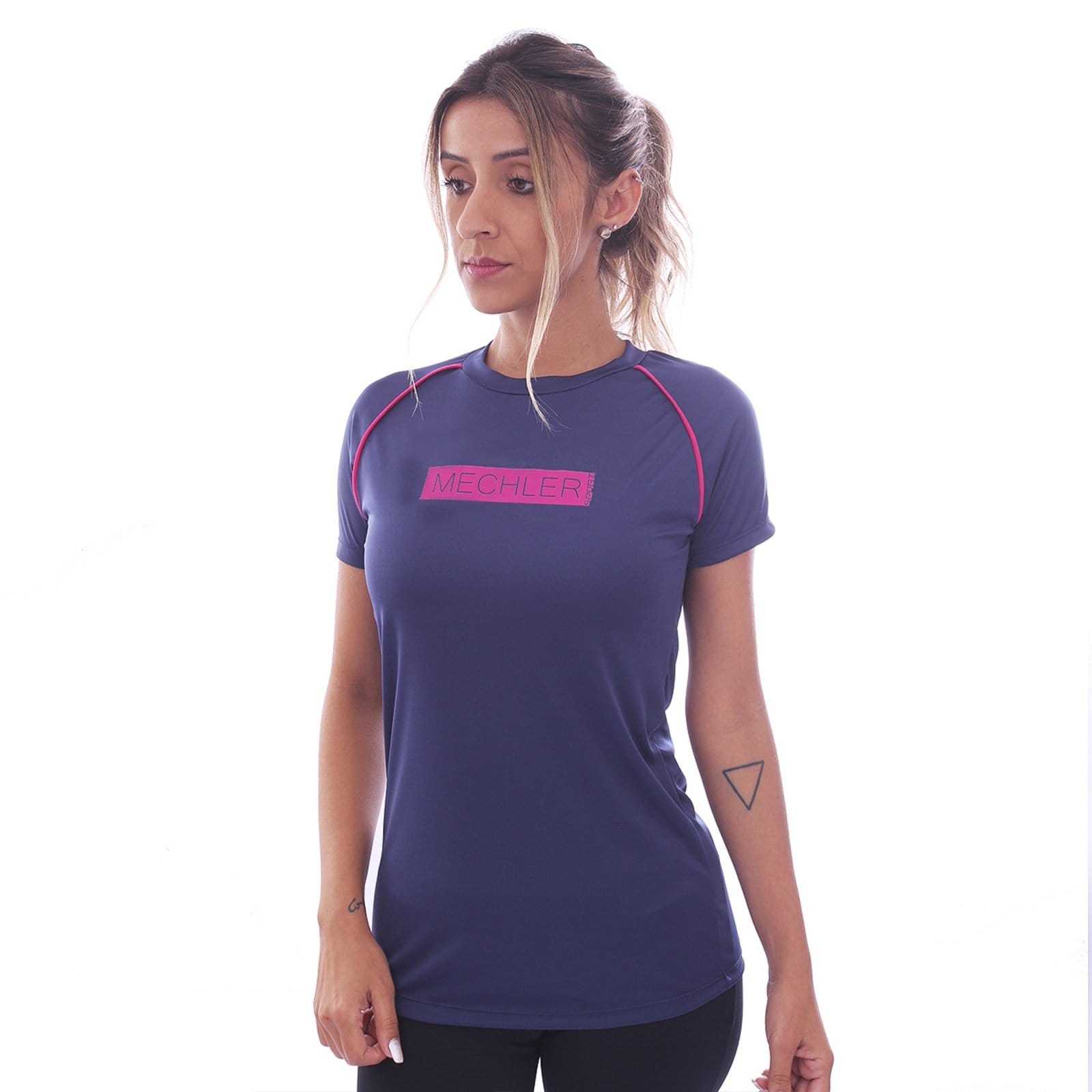 Camiseta Feminina Dryfit Raglan Manga Curta Proteção Solar UV 50 Academia Verão Adulto Esporte Mechler Marinho