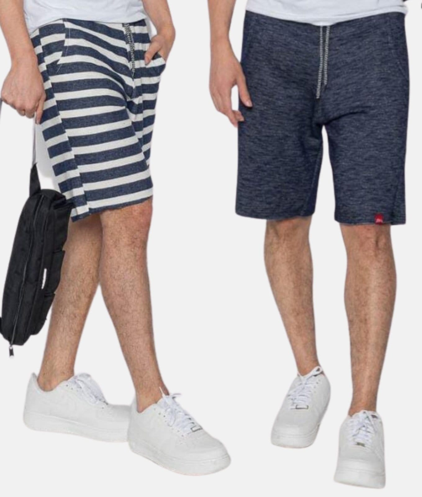 Kit 2 Bermudas Moletom Masculina Academia Mescla e Listrada Azul e Branco