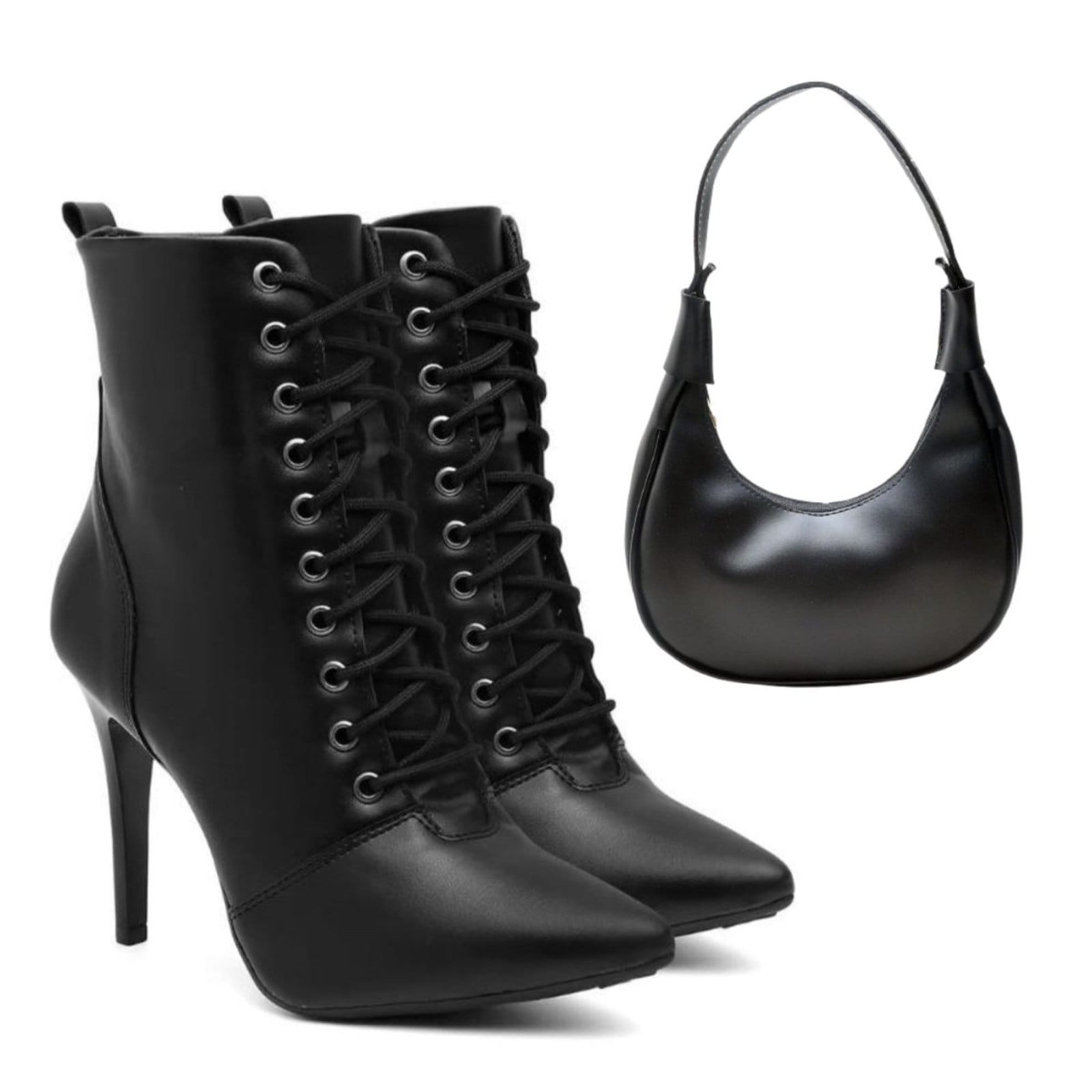 Vista principal Kit Bota Feminina Cano Médio Anna Andrade Bico Fino Salto Alto Amarrar Moda e Bolsa Anna Andrade preto