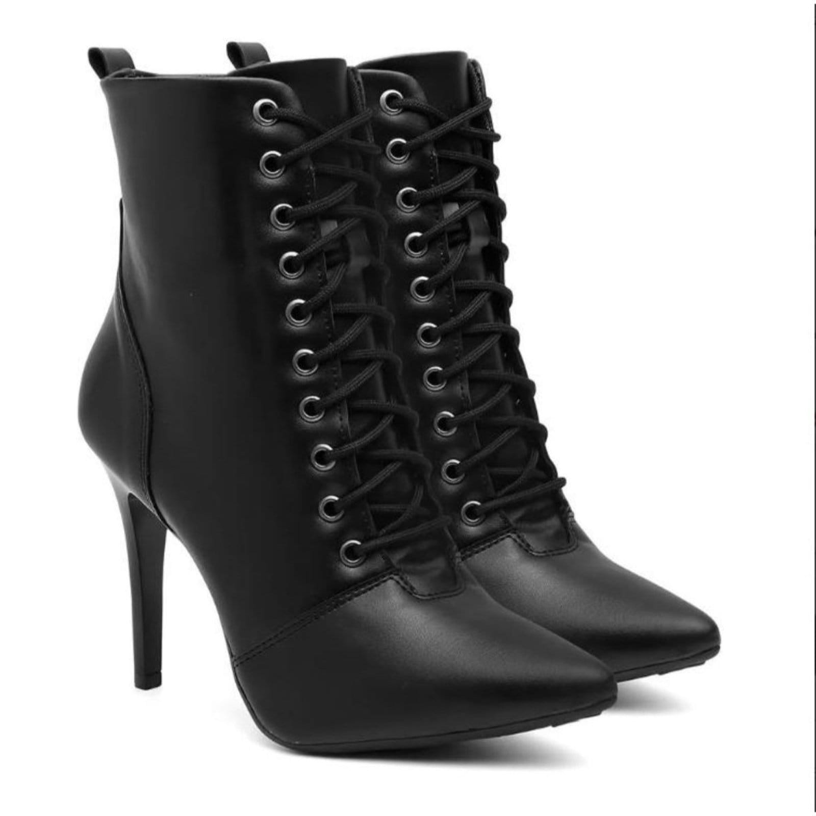 Vista 2 Kit Bota Feminina Cano Médio Anna Andrade Bico Fino Salto Alto Amarrar Moda e Bolsa Anna Andrade preto